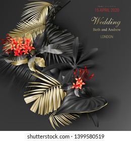 Tropical black and gold leaves on dark background vector poster Beautiful botanical design with golden tropic jungle palm leaves, exotic red flower Wedding ceremony invitation card, christmas greeting