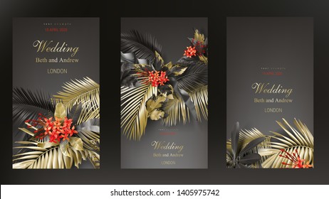 Tropical black and gold leaves on dark background vector poster set Beautiful botanical design with golden tropic jungle palm leaves, exotic red flower Wedding ceremony invitation card, holiday sale