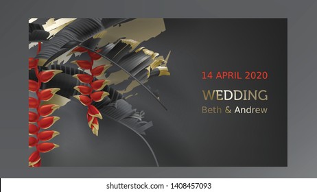 Tropical black gold leaves on dark background vector. Beautiful botanical design with tropic jungle leaves, exotic red flower heliconia and golden paint smear Wedding invitation card, holiday sale