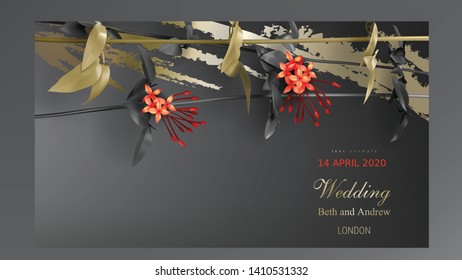Tropical black gold leaves on dark background vector. Botanical design with golden tropic jungle creeper plant stem, exotic red flower and paint smear. Wedding ceremony invitation card, holiday sale