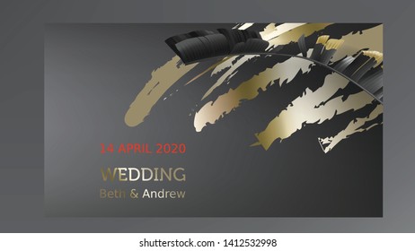 Tropical black gold leaves on dark background vector. Beautiful botanical design with tropic jungle leaves, exotic banana palm and golden paint smear. Wedding invitation card, holiday sale