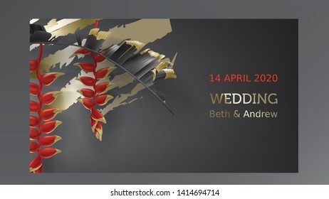 Tropical black gold leaves on dark background vector. Beautiful botanical design with tropic jungle leaves, exotic red flower heliconia and golden paint smear Wedding invitation card, holiday sale