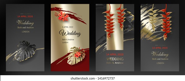 Tropical black gold leaves on dark background vector set. Beautiful botanical design with tropic jungle leaves, exotic red flower heliconia and golden paint smear Wedding invitation card, holiday sale