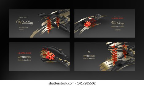Tropical black gold leaves on dark background vector set. Beautiful botanical design with tropic jungle leaves, exotic red flower heliconia and golden paint smear Wedding invitation card, holiday sale