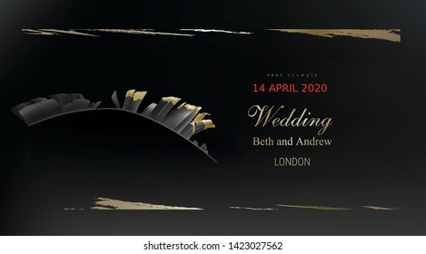 Tropical black gold leaves on dark background vector. Beautiful botanical horizontal design with tropic jungle leaves, exotic banana palm and golden paint smear. Wedding invitation card, holiday sale