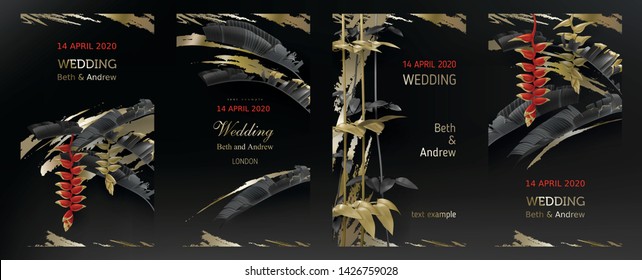 Tropical black gold leaves on dark background vector poster set. Beautiful botanical design with golden tropic jungle leaves, exotic red flower heliconia Wedding ceremony invitation card, holiday sale