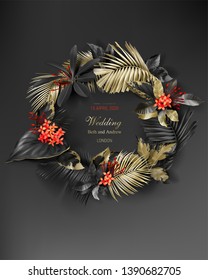 Tropical black and gold leaves wreath on dark background vector poster Beautiful botanical round frame design with golden tropic jungle palm leaves, exotic red flower Wedding invitation card, sale ads