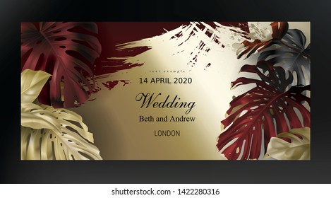 Tropical black gold maroon monstera leaves on dark background vector. Beautiful botanical design with tropic jungle leaves, exotic plant and golden paint smear. Wedding invitation card, holiday sale