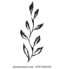 Tropical Black Leaf with Grunge Charcoal Texture. Vector illustration of botanical monochrome branch with rough brush lines. Jungle exotic foliage with bulky ink outlines. Wild leaves with messy