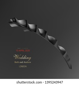 Tropical black leaf on dark background vector poster. Beautiful botanical exotic design long black sword with wavy edge. Prayer Plant, Calathea leaf and golden inscription for invitation greeting card