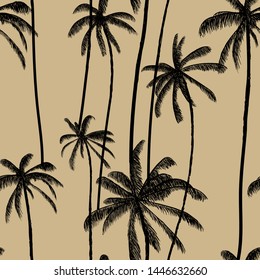 Tropical black palm tree seamless pattern. Jungle soft beige  wallpaper. Trendy summer hawaiian fabric design. Vector illustration.
