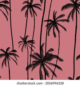 Tropical black palm tree seamless pattern. Abstract pale pink wallpaper. Trendy summer hawaiian fabric design. Vector illustration.