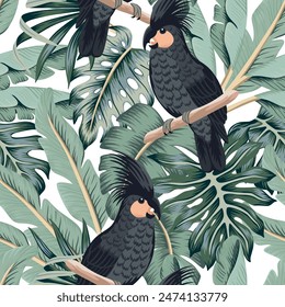 Tropical black parrots, palm leaves, banana leaves floral seamless pattern white background. Exotic jungle wallpaper.	
