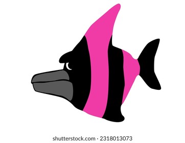 Tropical black and pink fish is dissatisfied with the ecological state of the ocean. Comic character. Vector image for prints, poster and illustrations.
