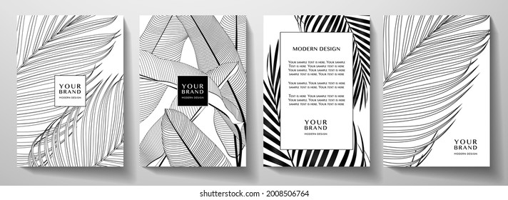 Tropical black and white cover design set. Floral background with line pattern of exotic leaf (palm, banana tree). Elegant vector collection for wedding invite, brochure template, restaurant menu