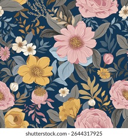 Tropical bloom floral vector seamless pattern on blue background, repeat tile, perfect for fashion print, textile, wallpapers, and more
