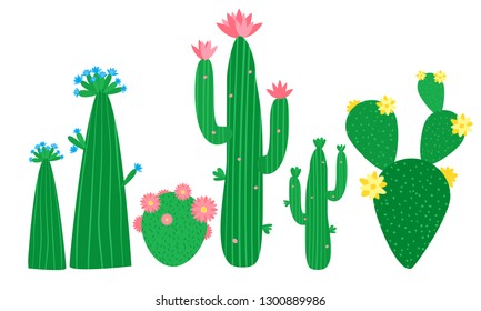 Tropical blooming cactus, vector collage. Acrylic, gouache imitation. Mexican, African flowering cacti.1