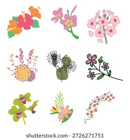 Conjunto de flores florecientes tropicales. Vector exótico hibisco y flores de orquídeas para la decoración de vacaciones de verano o diseño de fiesta en la playa
