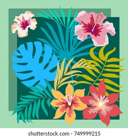 Tropical blooming garden. Silk scarf with flowers and palm leaves on dark green background. Vintage textile collection.