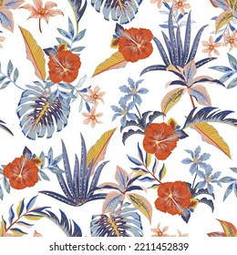 Tropical Blooming  hibiscus flower, palm leaves floral seamless pattern Exotic jungle ,Design for fashion , fabric, textile, wallpaper, cover, web , wrapping and all prints 