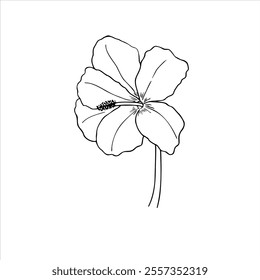Tropical blooming hibiscus silhouette vector isolated illustration. Flower on stem monochrome line drawing. Floral element for greeting cards , invitations, tattoo, textile design.