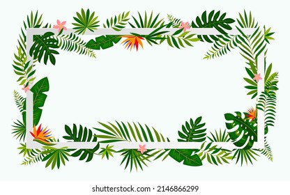 Tropical blossom leaf flower paper cut frame flat. Exotic light banner fresh plant design cosmetics ads background news board. Floral invitation wedding holiday travel love paradise island isolated