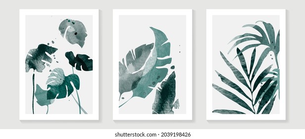 Tropical Blue Botanical Wall Art Vector. Abstract Art Background With Leaves And Watercolor Hand Painting Design For Wall Decor, Poster And Wallpaper.