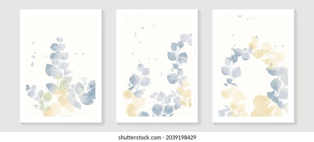 Tropical blue botanical wall art vector. Abstract art background with leaves and watercolor hand painting design for wall decor, poster and wallpaper.