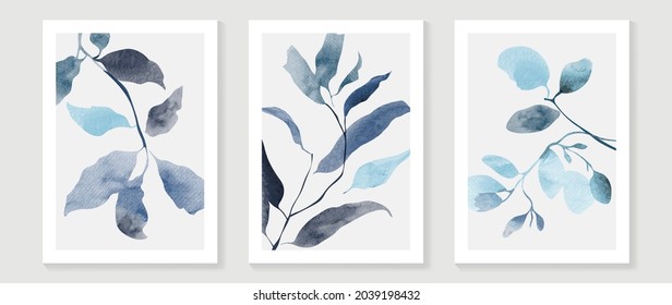 Tropical blue botanical wall art vector. Abstract art background with leaves and watercolor hand painting design for wall decor, poster and wallpaper.