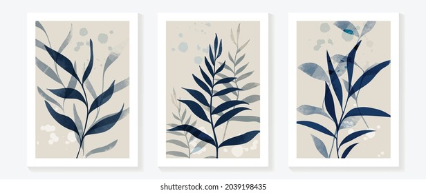 Vector de arte de pared botánico tropical azul. Resumen de fondo de arte con hojas y diseño de pintura a mano acuarela para la decoración de paredes, afiche y papel pintado.