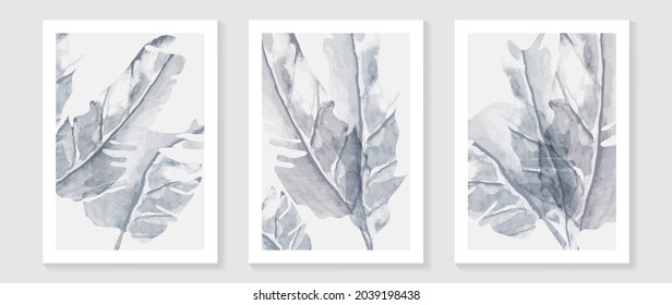 Tropical blue botanical wall art vector. Abstract art background with leaves and watercolor hand painting design for wall decor, poster and wallpaper.