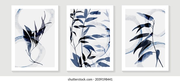 Vector de arte de pared botánico tropical azul. Resumen de fondo de arte con hojas y diseño de pintura a mano acuarela para la decoración de paredes, afiche y papel pintado.