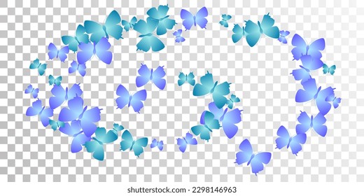 Tropical blue butterflies flying vector wallpaper. Summer funny insects. Decorative butterflies flying girly background. Delicate wings moths patten. Fragile creatures.