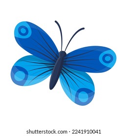 Mariposa tropical azul. Ilustración vectorial del insecto con alas multicolores. El animal de dibujos animados aisló el blanco. Fantasía, concepto de tatuaje