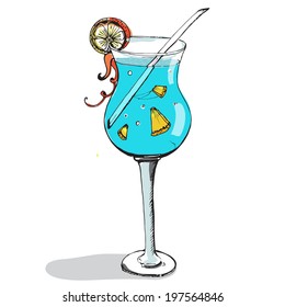 Tropical blue cocktail with lemon and pineapple. Vector illustration, hand-drawn style.