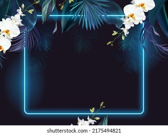 Tropical blue elegant frame arranged from exotic leaves and white orchid flowers. Design vector. Paradise plant, greenery chic card. Stylish fashion banner. Neon light template. Isolated and editable