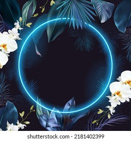 Tropical blue elegant frame arranged from exotic leaves and white orchid flowers. Design vector. Paradise plant, greenery chic card. Stylish fashion banner. Neon light template. Isolated and editable