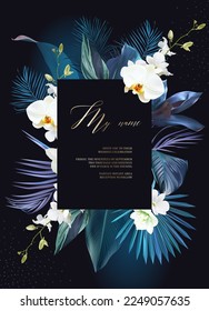 Marco trópico elegante de color azul, con hojas exóticas y flores de orquídea blanca. Vector de diseño. Planta de paraíso, carta verde y elegante. Banner de moda. Plantilla de luz de neón. Aislado y editable