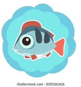 Tropical blue fish. Little landscape. Underwater life. Wild animals. Ocean, sea. Summer water. Isolated on white background. Illustration in cartoon style. Flat design. Vector art.