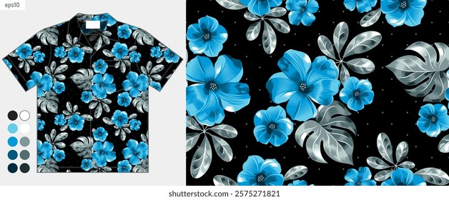 Tropical blue floral and leaf seamless pattern on a black polka dot background. Hawaiian Aloha inspired shirt mockup design, summer fashion clothing. Elegant vector art, not AI-generated.