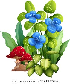 Tropical blue flowers with mushroom illustration