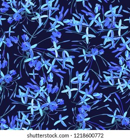 Tropical blue  flowers seamless pattern colorful isolated hand drawn plants on black background, vector illustration 