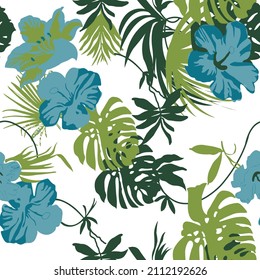 Tropical blue with green background with palm leaves. Seamless floral pattern. Summer vector illustration Seamless background of flowers frangipani, plumeria tropical flower, Vector illustration.