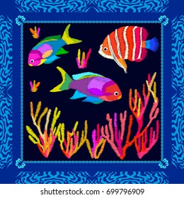 Tropical blue lagoon. Silk scarf with exotic fishes and corals on dark background. Beach textile collection.