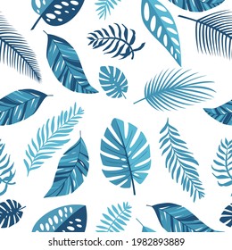 Tropical blue leaves. Exotic seamless pattern.