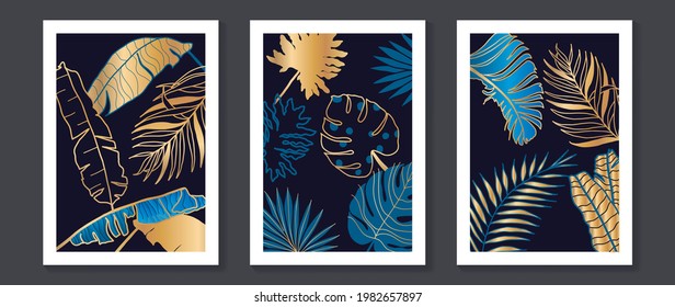 Tropical Blue Leaves Wall Art. Luxury Gold Leaf Line Art Dark Background. Vector Leaf Banner Set.  Botany Design For Cosmetics, Spa Fashion, Prints And Home Decor.