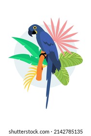 Tropical blue macaw parrot sits on a branch with leaves of tropical plants. Vector illustration isolated on white background