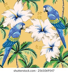 Tropical blue macaw parrots, palm trees, hibiscus flowers, yellow background. Vector seamless pattern. Floral illustration. Exotic plants, birds. Summer beach design. Paradise nature