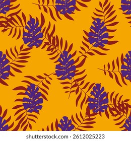 tropical blue monstera leaves and maroon branches on yellow background