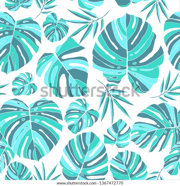 Tropical Blue Monstera Leaves Seamless Pattern Stock Vector (Royalty